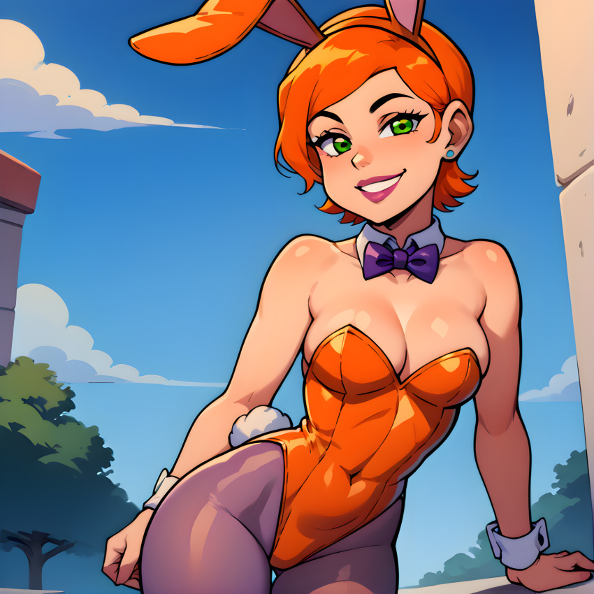 1 Mädchen 1 Mädchen 1 Mädchen KI-generiert Ben 10 Brüste Hasenohren Hasenanzug Cartoon Network falsche Tierohren nur Frauen grüne Augen Gwen Tennyson orange Haare Playboy-Bunny Playboy-Bunny-Turnanzug Hasenohren kurzes Haar stabile Diffusion dicke Oberschenkel breite Hüften