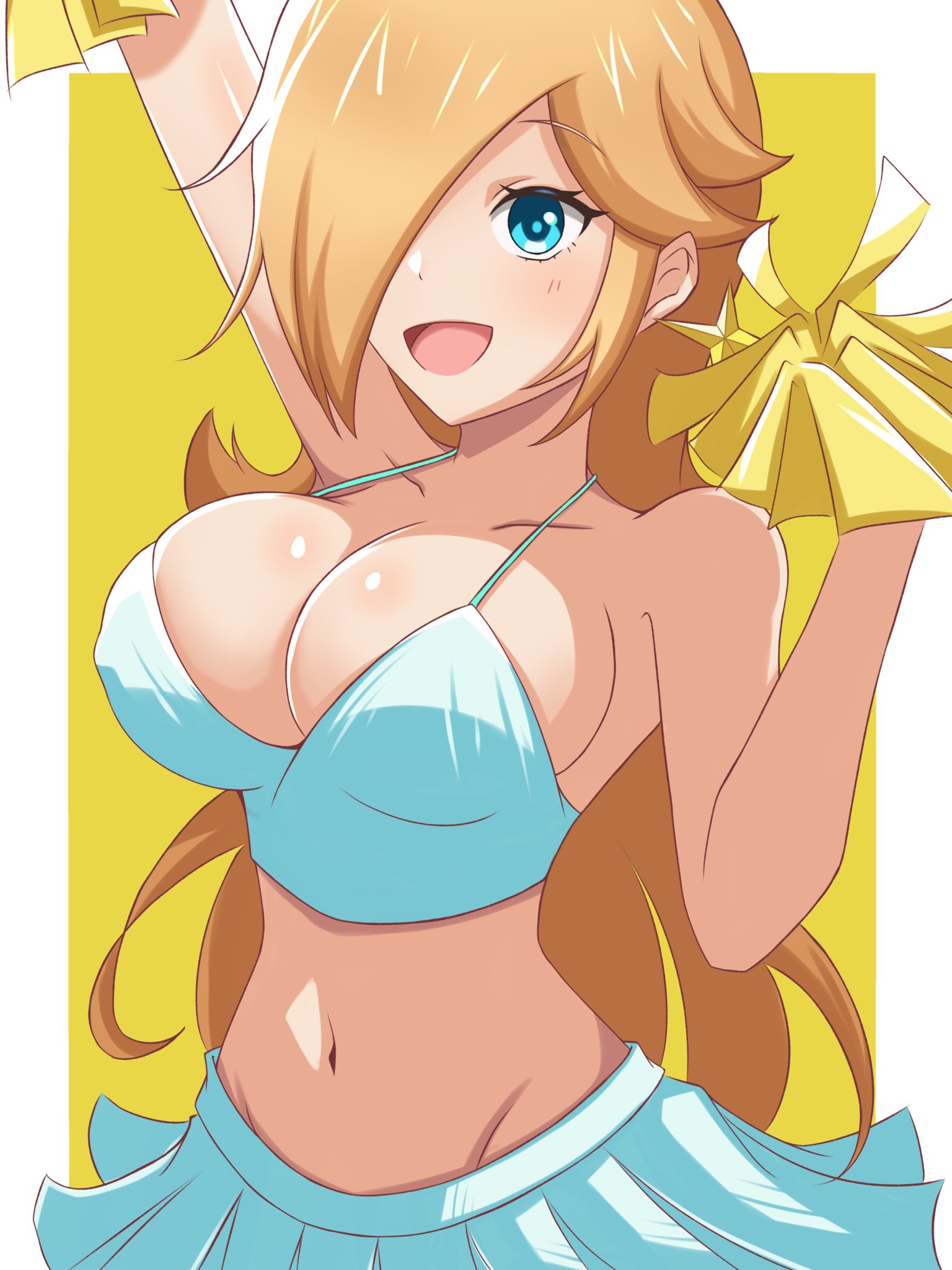 1 Mädchen, verführerisch, große Brüste, blonde Haare, blaue Augen, Cheerleader-Uniform, Dekolleté, nur Frauen, Mario (Serie), bauchfreies Hemd, Nintendo-Pompons, Prinzessin Rosalina, Rosalina, SFW-Rock, Super Mario Bros., yassrosalina