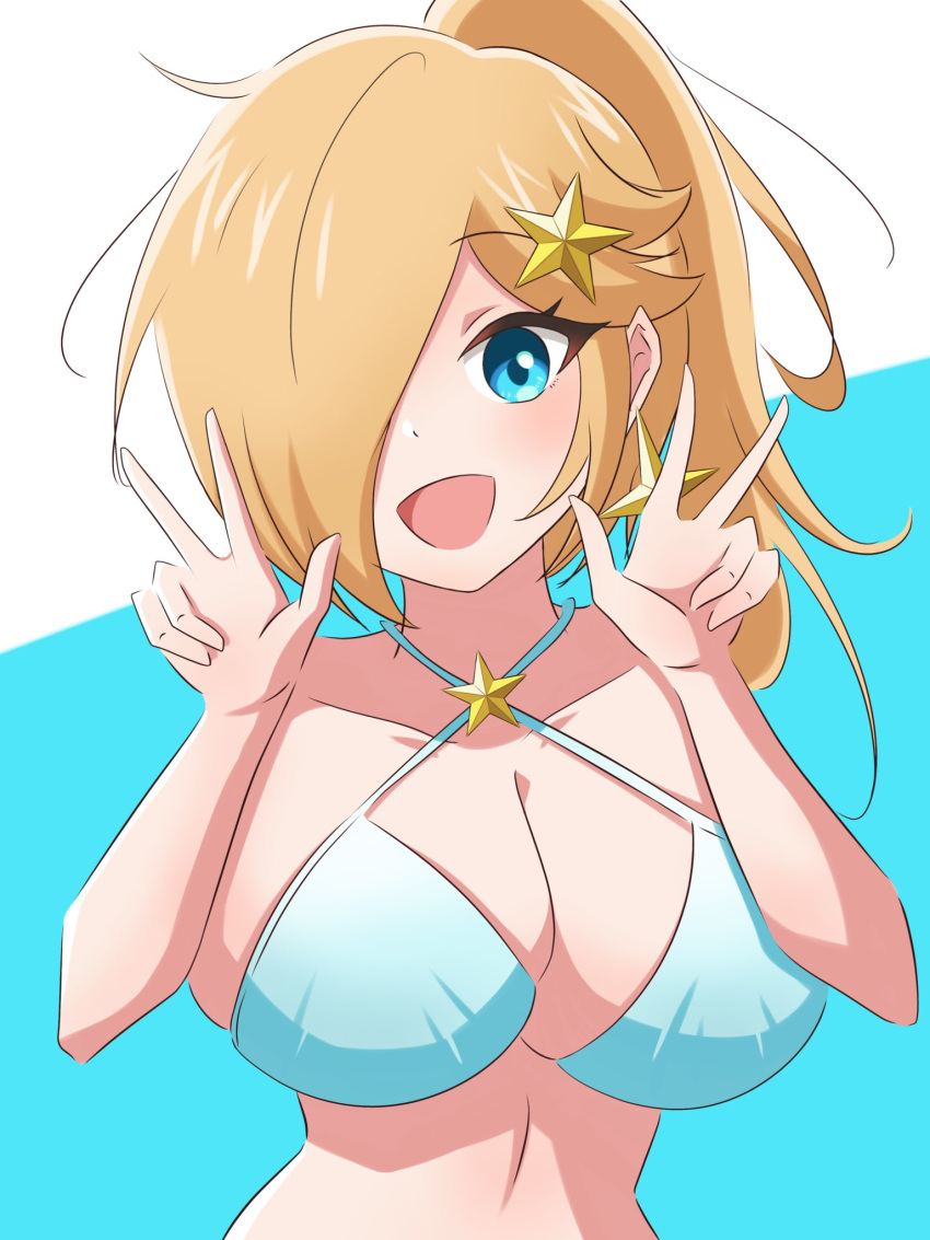 1 Mädchen, verführerischer Arsch, große Brüste, blond, blonde Haare, blaue Augen, Hüften, Mario (Serie), Nintendo, Peace-Zeichen, Pferdeschwanz-Pose, Prinzessin Rosalina, Rosalina, sexy Pose, glattes Haar, Yassrosalina