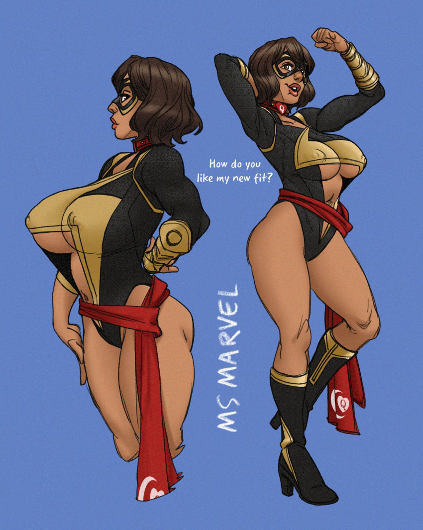 großer_Arsch große_Brüste braune_Haare riesige_Brüste Kamala_Khan lange_Stiefel den_Betrachter_anschauen Marvel Marvel_Comics Ms._Marvel Ms._Marvel_(Carol_Danvers)_(Cosplay) Brustwarzen Brustwarzen_durch_die_Kleidung_sichtbar kurzes_Haar dicke_Beine