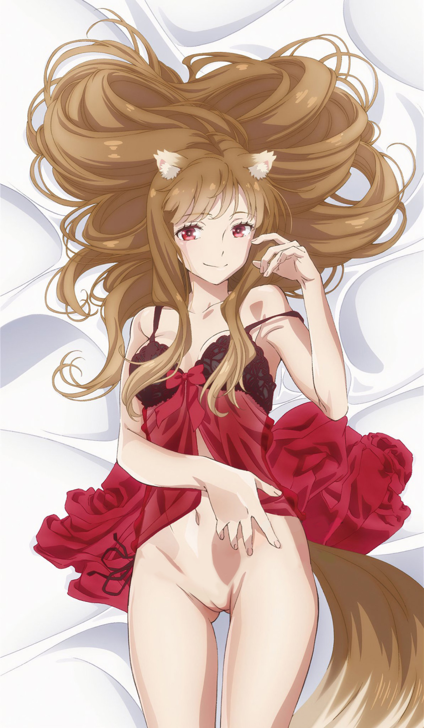 braune_haare holo lange_haare den_betrachter_anschauen nekom14 keine_höschen muschi rote_augen spice_and_wolf wolfsohren wolfsmädchen wolfsschwanz