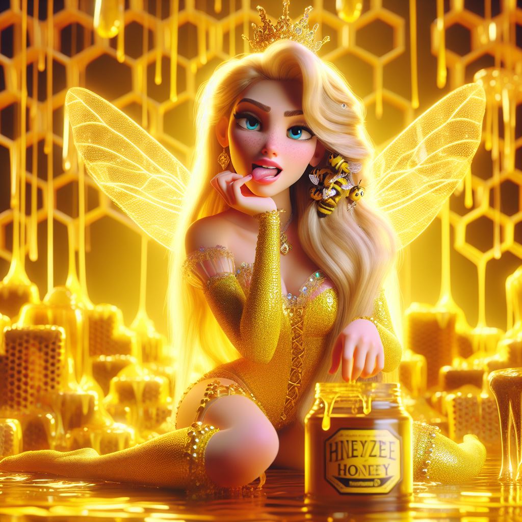 KI-generiert Biene blond blonde Frau blondes Haar blaue Augen Bodysuit Krone Feenflügel Honig Bienenwabe Schmuck langes Haar lange Ärmel Pixar-Stil verführerisch verführerisches Lächeln Ärmel Strümpfe Zunge rausgestreckte Zunge gelbe Kleidung