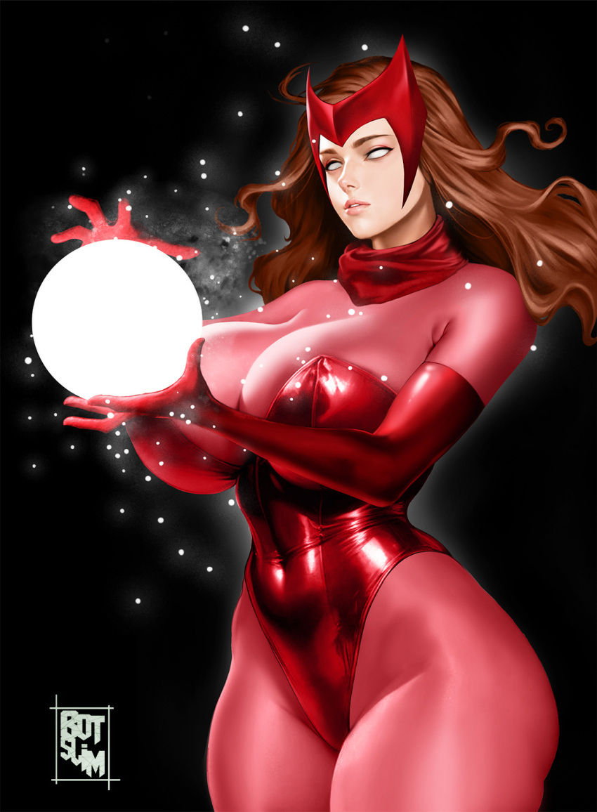 Künstleranfrage große Brüste schwarzer Hintergrund Bodysuit Botslim braunes Haar Energieball leuchtend riesige Brüste Beinbekleidung lange Haare lange Ärmel Marvel Marvel-Comics roter Bodysuit rote Beinbekleidung scharlachrote Hexe Strümpfe weiße Augen