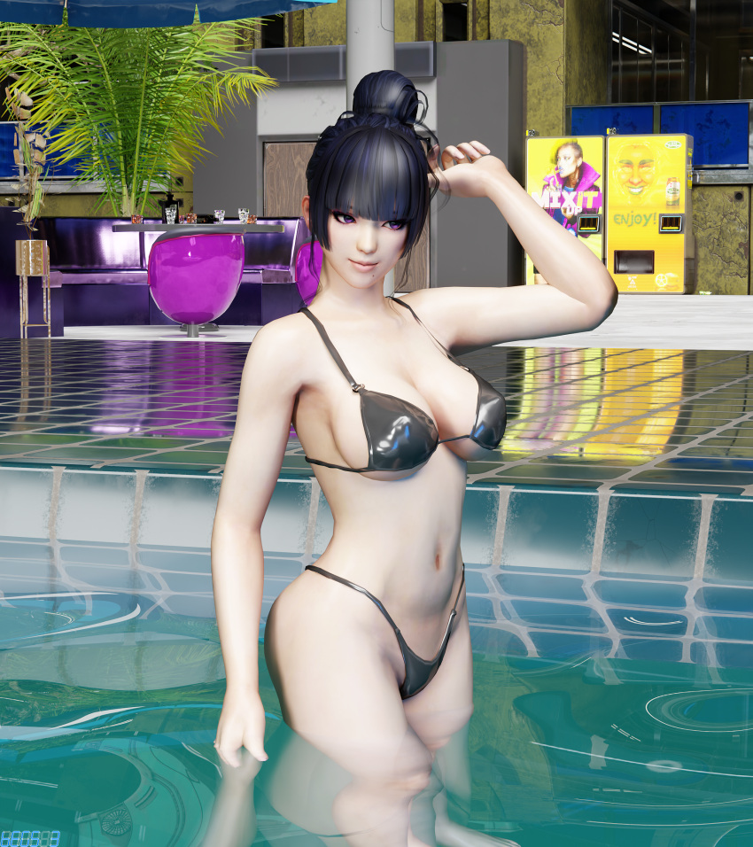 1girl verführerisch bettelt3 große Brüste Bikini schwarze Haare Dekolleté dead_or_alive dead_or_alive_6 dead_or_alive_xtreme dead_or_alive_xtreme_2 dead_or_alive_xtreme_3 dead_or_alive_xtreme_3_Fortune dead_or_alive_xtreme_Beachvolleyball dead_or_alive_xtreme_Venus_Urlaub Nyotengu Pin-up lila Augen Swimmingpool Tecmo nass