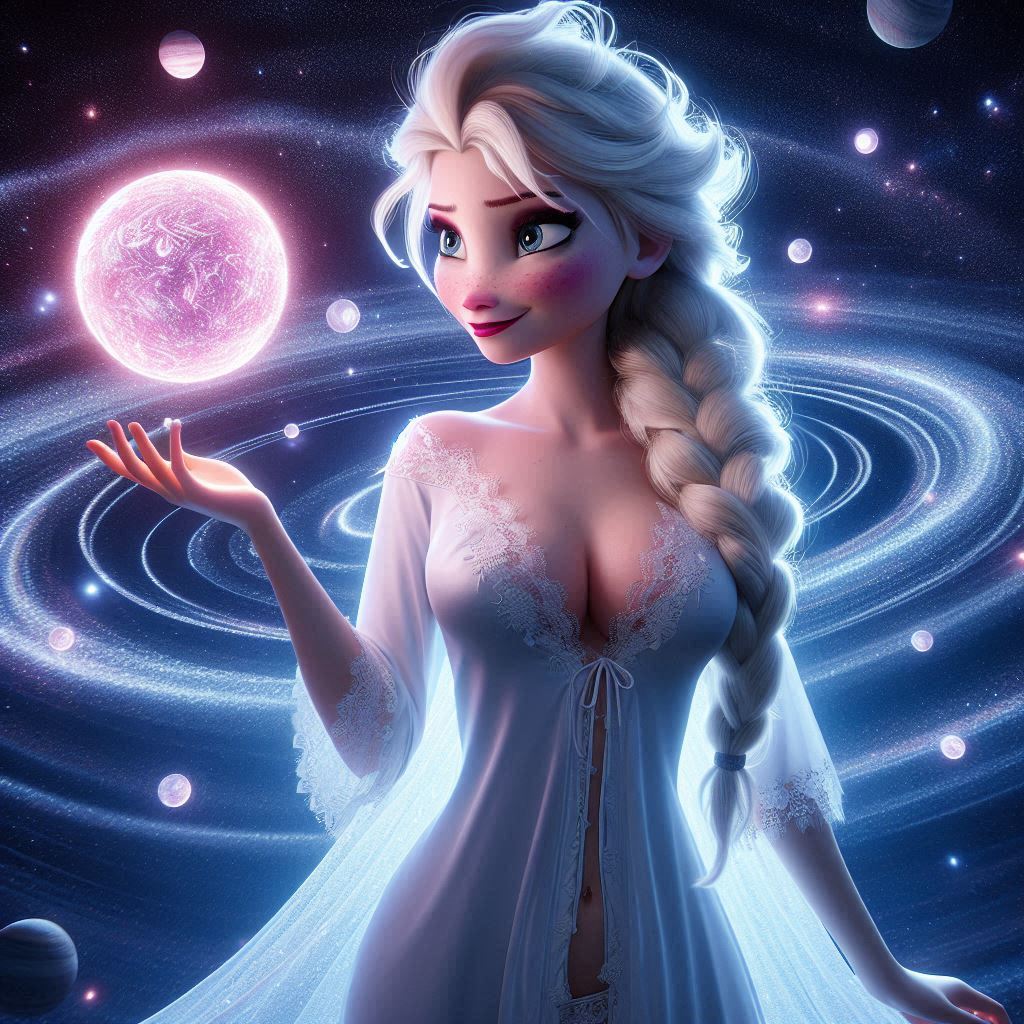 KI-generiert Baskenmütze große Brüste Zopf himmlisch kosmisch Disney Ohrringe Elsa (Die Eiskönigin) Augen-Make-up Die Eiskönigin (Film) Lippenstift Schloss Locken langes Kleid lange Haare Make-up Planet roter Lippenstift transparente Kleidung weiße Baskenmütze weiße Kleidung