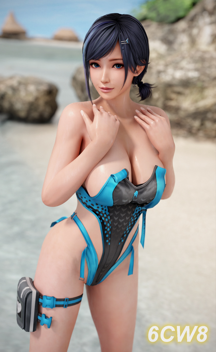 1girl 6cw8 verführerisch Strand große Brüste schwarz-blaue Haare blaue Augen Dekolleté tot oder lebendig tot oder lebendig extremer Venusurlaub Highleg-Bikini Ozean einteiliger Bikini Pin-up Reika (DOA) Tecmo