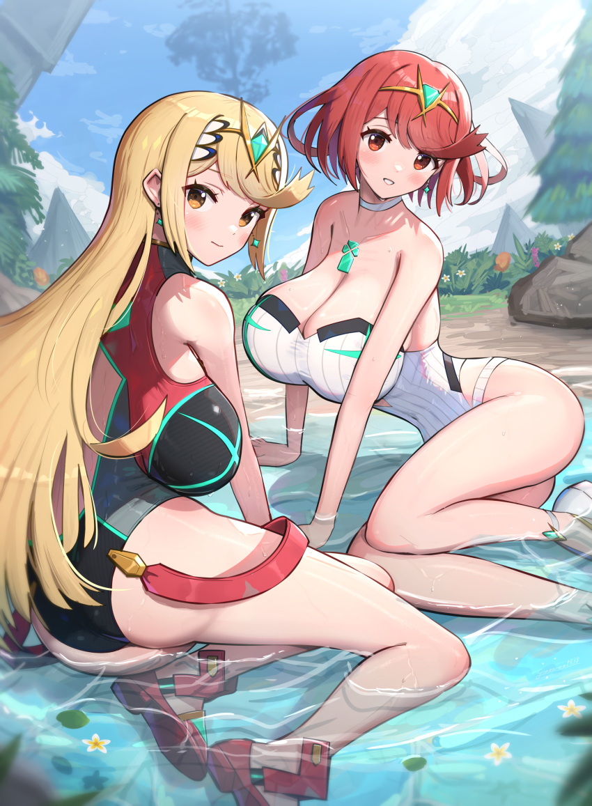 2_Mädchen absurde_Auflösung verführerisch große_Brüste Bikini-Tausch blonde_Haare Dekolleté Gonzarez hohe_Auflösung mehrere_Mädchen Mythra Mythra_(Radiant_Beach)_(Xenoblade) Mythra_(Xenoblade) einteiliger_Bikini Pyra Pyra_(Profischwimmer)_(Xenoblade) Pyra_(Xenoblade) rote_Augen rote_Haare Xenoblade_(Serie) Xenoblade_Chronicles_2 gelbe_Augen