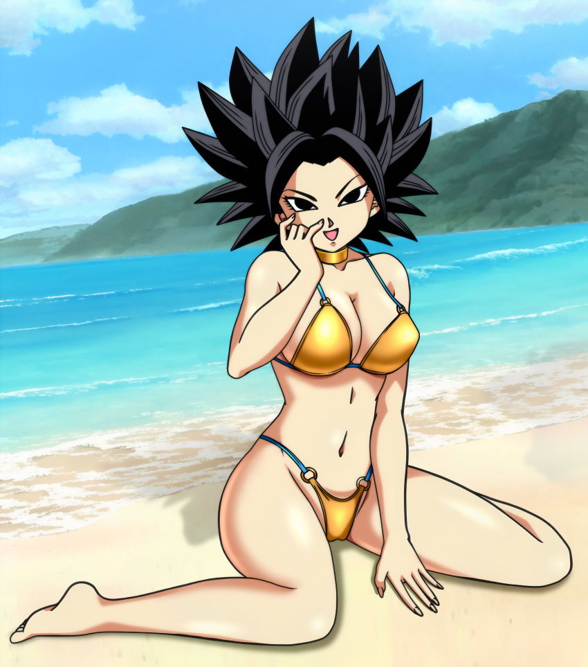 1 Mädchen Strand großer Arsch große Brüste schwarze Haare Caulifla Foxybulma goldener Bikini posieren Meer verführerisch gespreizte Beine