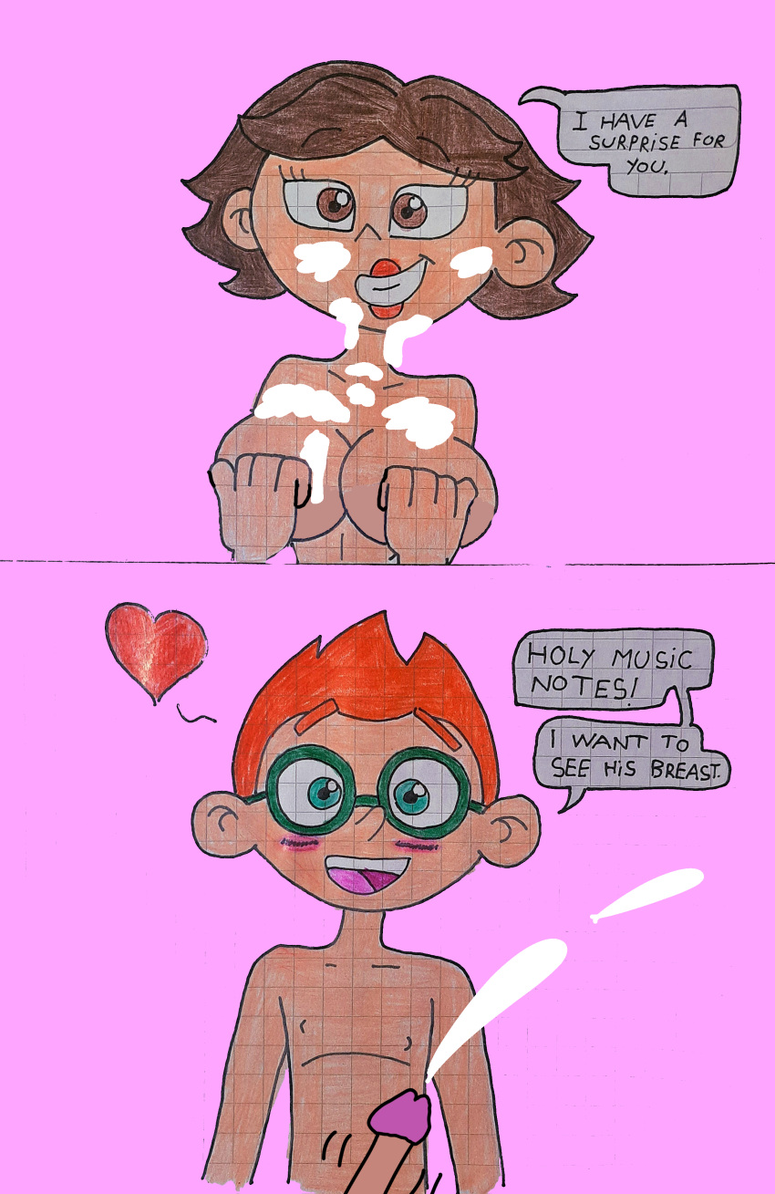 1 Junge 1 Mädchen 2024 älter Brüste braune Haare geschlossene Augen Sperma Sperma auf Brüsten Sperma im Gesicht Cumshot Disney englischer Text nur weiblich Brille Herz June_(Little_Einsteins) Leo_(Little_Einsteins) Lippenstift Little_Einsteins Matiriani28 Bauchnabel Brustwarzen nackt nackte Frau offener Mund orange Haare Penis rosa Hintergrund Sprechblase