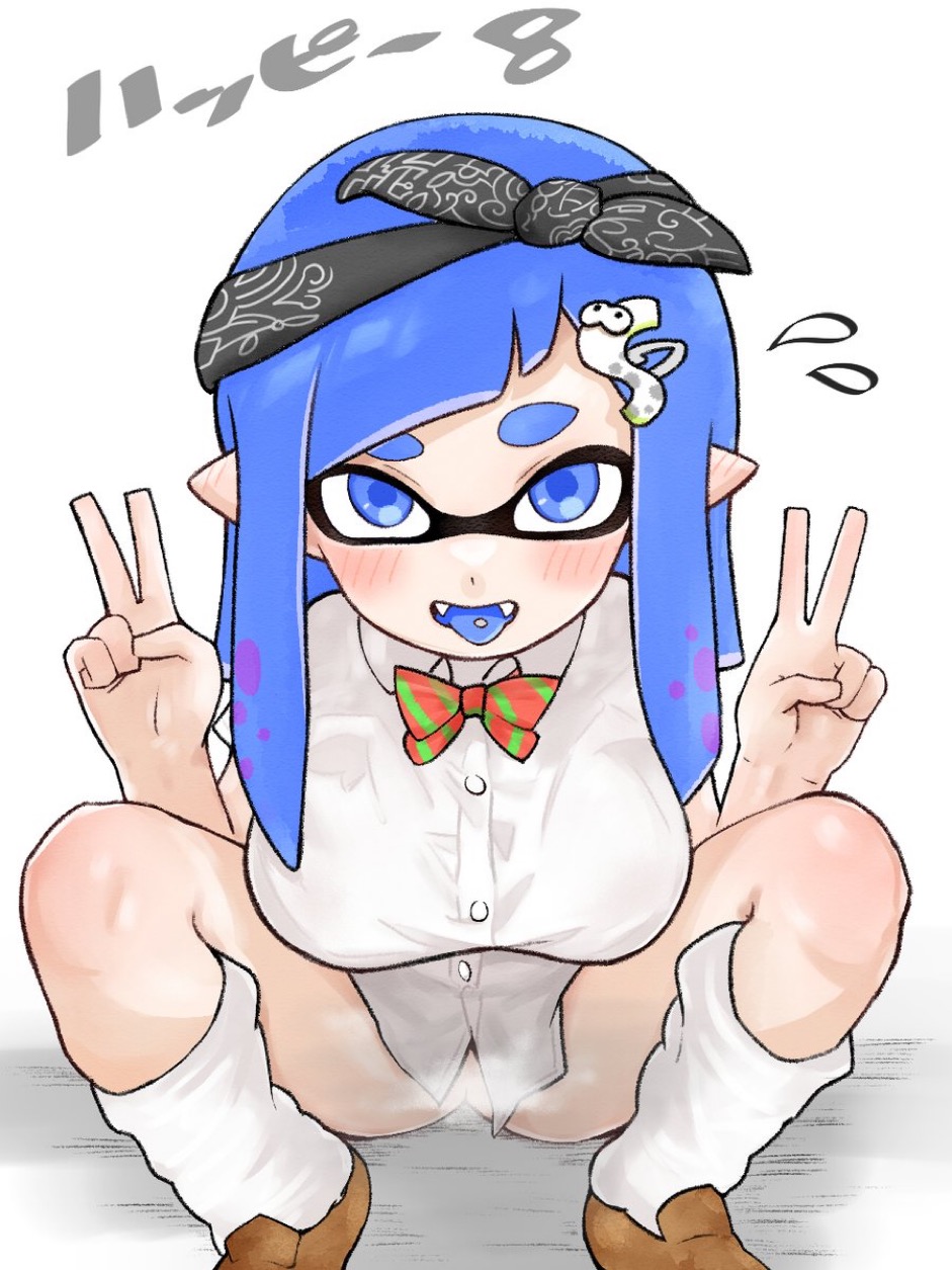 1 Mädchen 1 Mädchen Amboomoon Pony blaue Augen blaue Haare stumpfer Pony erröten bodenlos Schleife Brüste Haarspange Ahnung Ahnungsmädchen lange Haare Schuluniform Solo Solofrau Solofokus Splatoon Splatoon (Serie) gespreizte Beine Tentakel Tentakelhaar Zunge Zunge raus