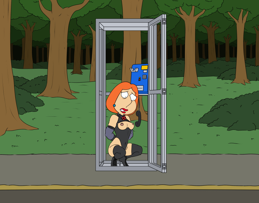 Bondage, gefesselte Handgelenke, Brüste, Cartoon-MILF, Dr. Proletariat, erigierte Brustwarzen, Familienmensch, High Heels, Lois Griffin, Telefonzelle, Strümpfe, Schenkel, oben ohne, Frau