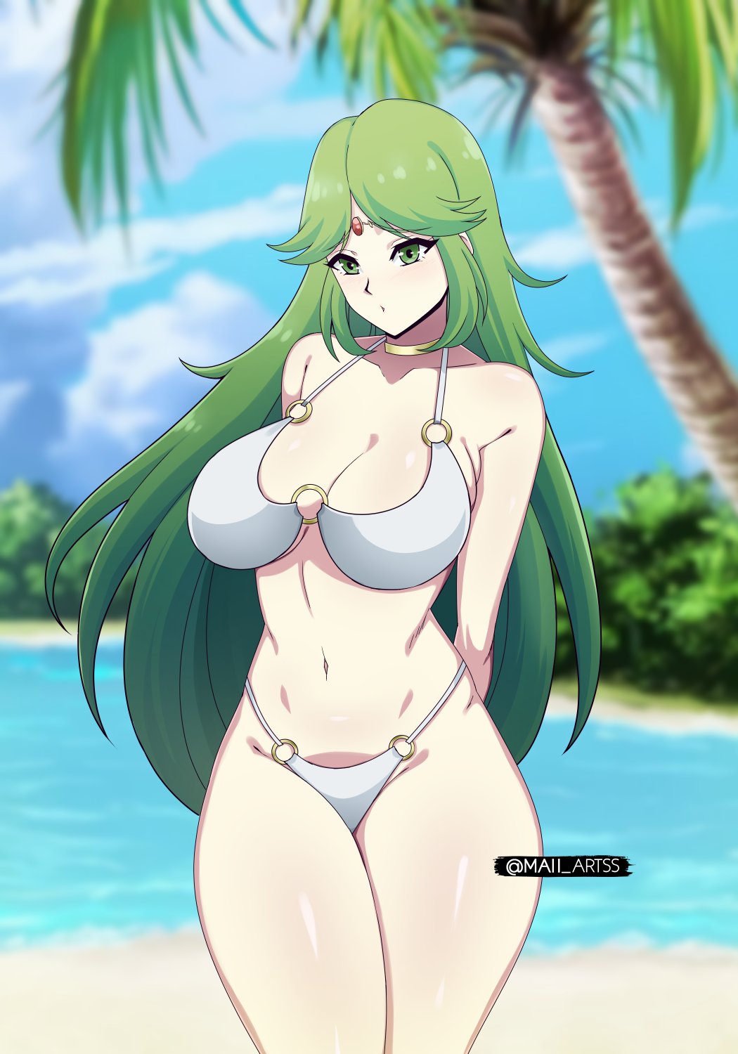 1 Mädchen, verführerisch, Strand, große Brüste, Bikini, blauer Himmel, Dekolleté, nur Frauen, grüne Augen, grüne Haare, Kid_Icarus, Maii_Artss, Nintendo, Ozean, Palutena