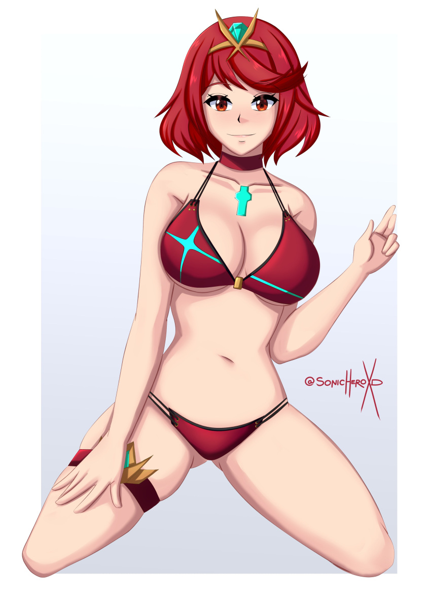1 Mädchen 1 Mädchen verführerisch große Brüste Bikini Dekolleté Kernkristall weiblicher Mensch nur Frauen MILF Nintendo Pyra rote Augen rote Haare Sonicheroxd weiße Haut Xenoblade_(Serie) Xenoblade_Chronicles_2