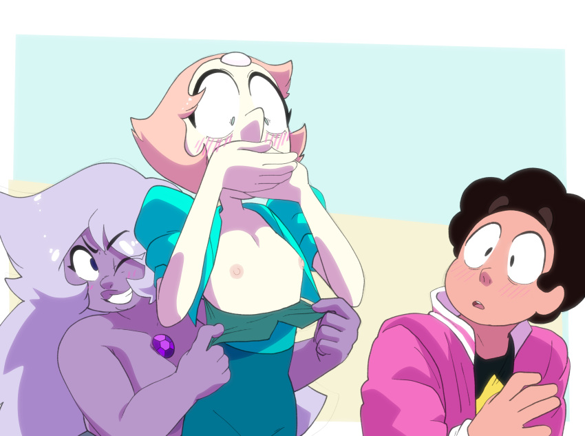 1 Junge 2 Mädchen Amethyst (Steven Universe) unterstützte Belichtung große Brüste blaue Augen erröten Cartoon-Netzwerk Mund bedecken verlegen Wimpern nervös Edelstein (Art) Inker Comics Inkershike-Jacke lila Haare ein Auge geschlossen teilweise bekleidet pfirsichfarbenes Haar Perle (Steven Universe) violette Haut Hemd unten kleine Brüste kleine Brüste Steven Quartz Universe Steven Universe weiße Haut