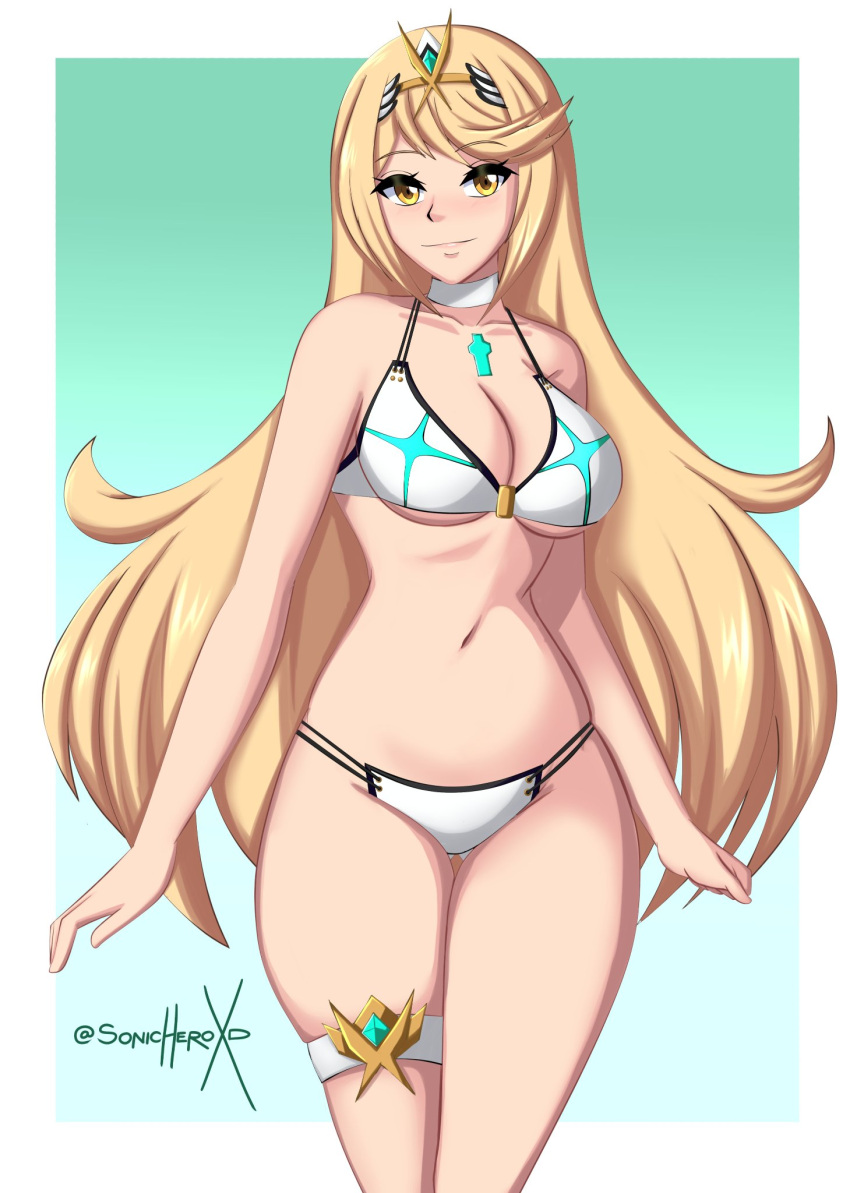 1 Mädchen verführerisch alternatives Kostüm nackte Beine große Brüste blondes Haar Dekolleté nur weiblich Mythra Nintendo Pin-up Sonicheroxd Badeanzug Xenoblade (Serie) Xenoblade Chroniken 2 gelbe Augen