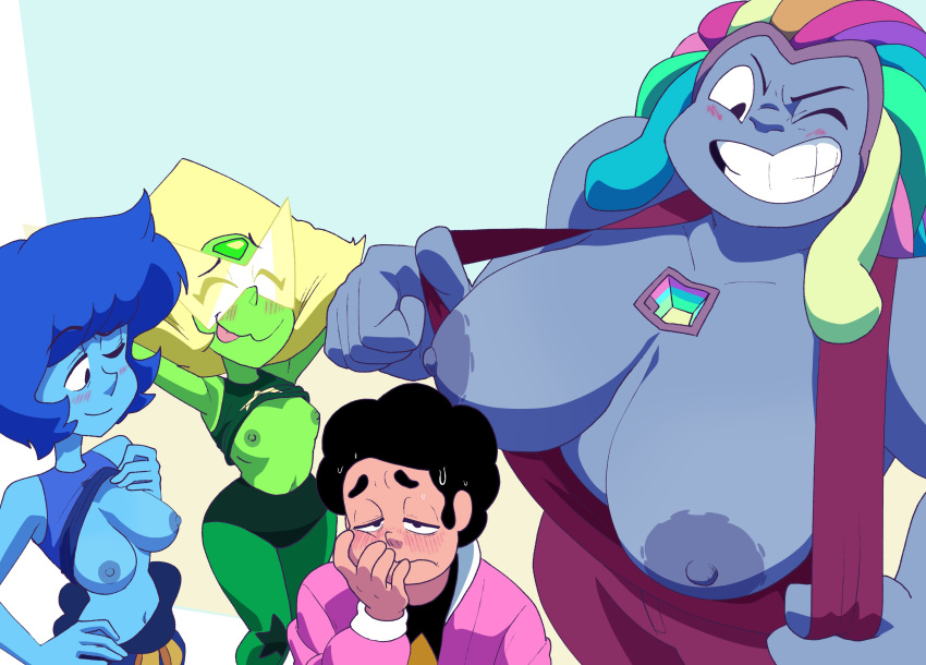 1 Junge 1 Mädchen 3 Mädchen große Brüste Wismut (Steven Universe) blaue Haut erröten Brüste Brüste raus Cartoon-Netzwerk Kleidung blitzend blitzende Brüste Fusion Edelstein (Art) grüne Haut riesige Brüste Inker-Comics Inkershike Lapislazuli (Steven Universe) männlich mittlere Brüste mehrfarbiges Haar Brustwarzen ein Auge geschlossen Peridot (Steven Universe) kleine Brüste kleine Brüste Lächeln Steven Quartz Universe Steven Universe Zunge Zunge raus Visier Zwinkern