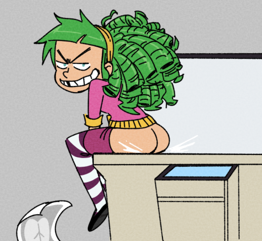 1girl ass bodenlos fh gertrude_(i_hate_fairyland) green_hair i_hate_fairyland image_comics photocopying_butt streich drucker rock_down lächeln solo_female solo_focus strümpfe