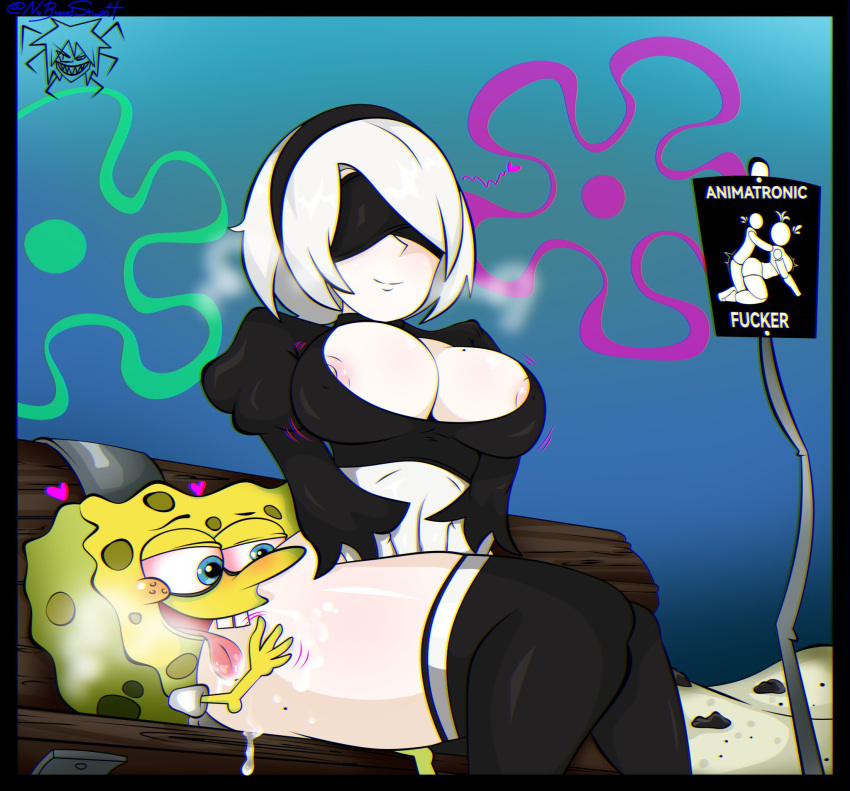 1 Junge 1 Mädchen 2b_(nier:automata) Arsch nier:automata nier_(Serie) präsentiert sexuell anzüglich kurzes Haar Spongebob_Schwammkopf Spongebob_Schwammkopf_(Serie) weißes Haar