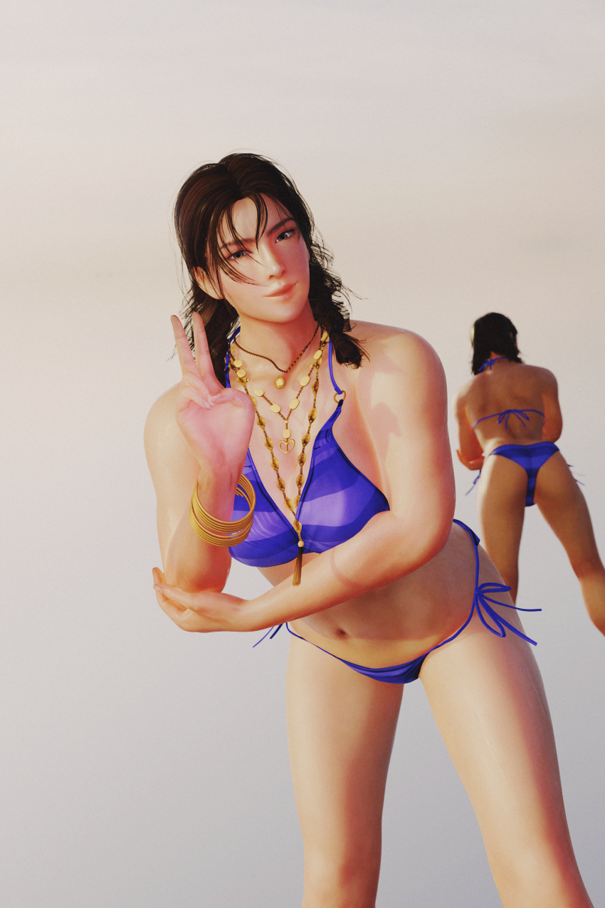 1 Mädchen 3D verführerischer Hintern sportliche Frau Bikini Mixer braune Augen braune Haare Dekolleté Kleidung weibliche Bauchmuskeln fitte Frau Forsavide Sommersprossen Julia Chang schaut den Betrachter an Namco Badeanzug Tekken Zwillingsschwänze