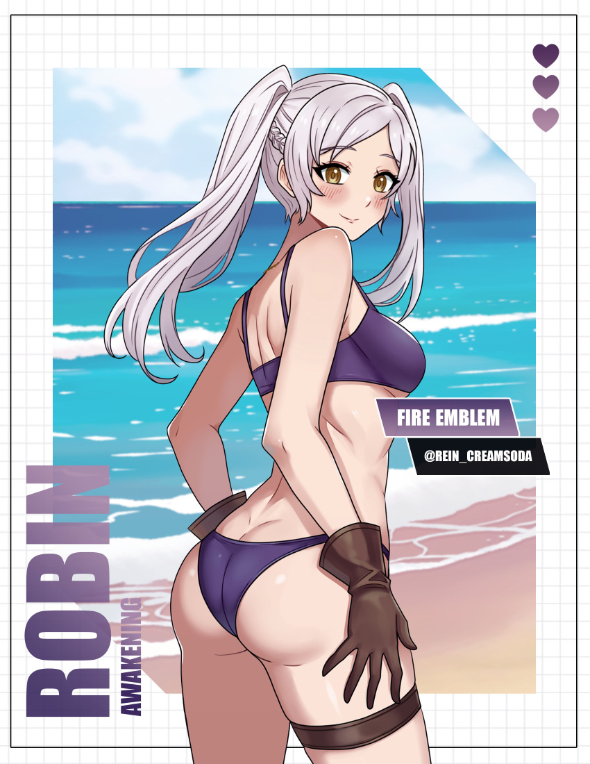 1 Mädchen, verführerischer Arsch, Bikini, nur Frauen, Feuer-Emblem, Feuer-Emblem-Erwachen, Feuer-Emblem-Helden, Nintendo, olivgrüne Augen, Pin-up, Rein_Creamsoda, Robin_(Feuer-Emblem), Robin_(Feuer-Emblem)_(weiblich), Robin_(Sommer)_(Feuer-Emblem)_(weiblich), seitliche Brüste, silbernes Haar