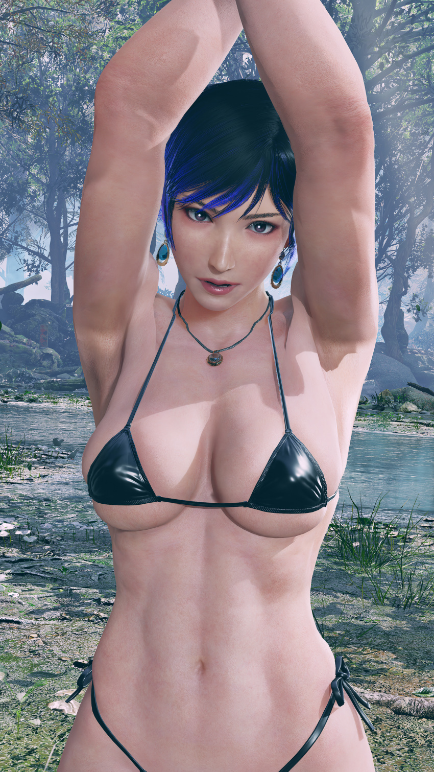 1Mädchen verführerisch sportliche Frau große Brüste schwarz-lila Haare Dekolleté envy15re2lm weibliche Bauchmuskeln nur Frauen fitte Frau Mikrobikini Mod Namco Reina (Tekken) Tekken Tekken_8 dicke Oberschenkel Yakushima