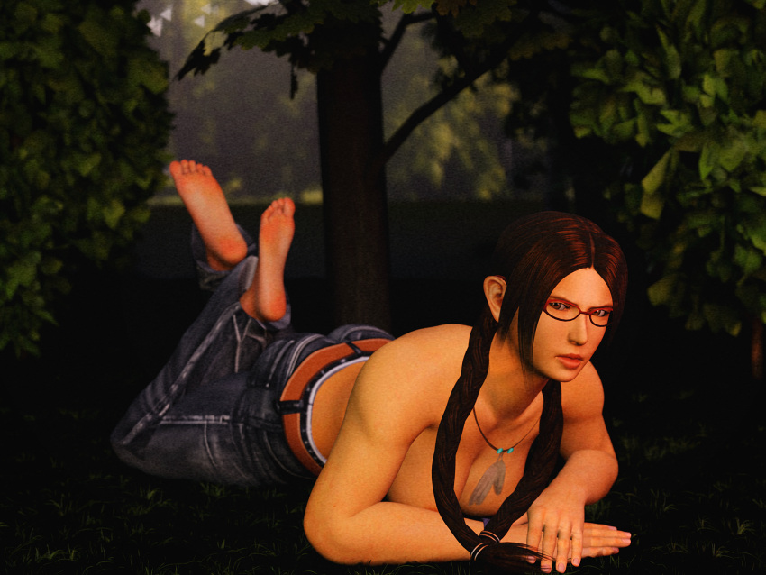 1Mädchen 3D Arsch knallt barfuß große Brüste Blender Zopf braune Augen braune Haare Dekolleté Füße forsavide Brille Jeans julia_chang Blick auf den Betrachter Liegen auf dem Bauch Namco Sohlen Tekken Tekken_4 The_Pose Zehen oben ohne