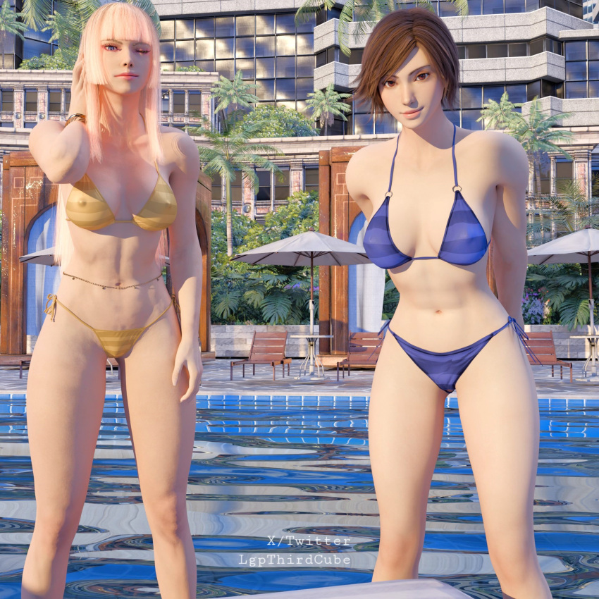 2_Mädchen verführerisch sportliche_Frau große_Brüste Bikini blonde_Haare blau braune_Augen braunes_Haar Dekolleté Emilie_de_Rochefort Augen weibliche_Bauchmuskeln fitte_Frau Kazama_Asuka lgpthirdcube schaut_den_Betrachter_an mittlere_Brüste Namco Schwimmbad Badeanzug Tekken Tekken_8 Twitter zwinkert_dem_Betrachter_zu