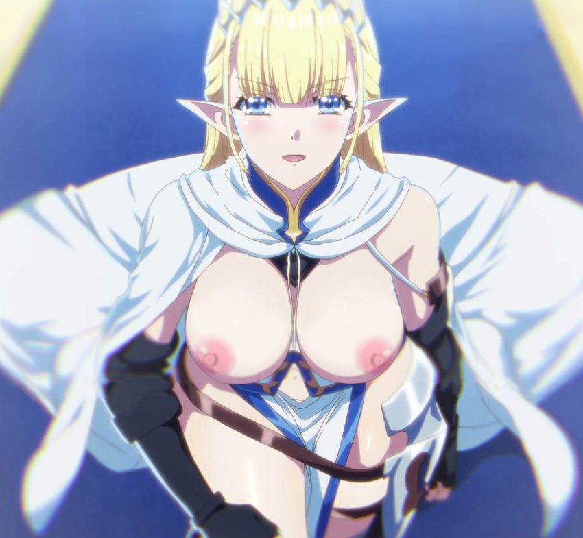 big_breasts blonde_hair blue_eyes edit elf_ears elf_girl hazurewaku_no_joutai_ijou_skill_de_saikyou_ni_natta_ore_ga_subete_wo_juurin_suru_made long_hair looking_at_viewer nekom14 nippel no_bra screencap seras_ashrain oben ohne