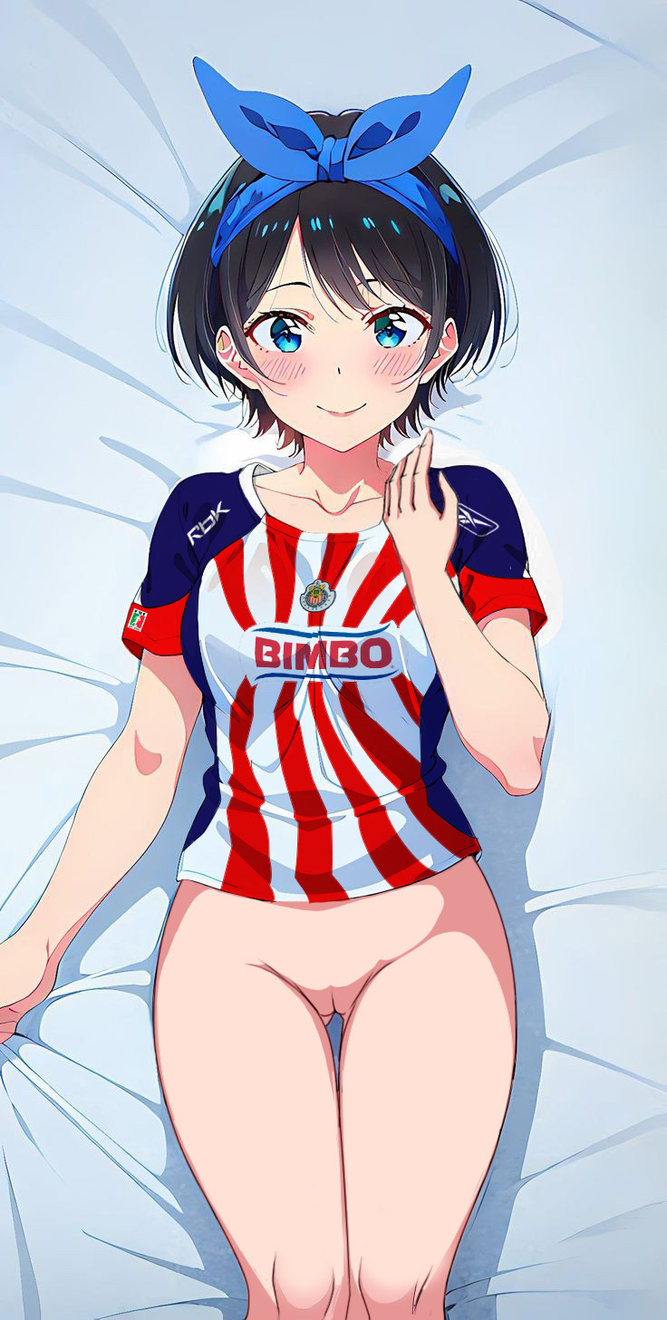 Bett schwarze_Haare blaue_Augen bodenlos Chivas Kanojo_Okarishimasu den Betrachter ansehen Nekom14 kein_Höschen keine_Hose Muschi Sarashin_Ruka kurze_Haare Fußballtrikot