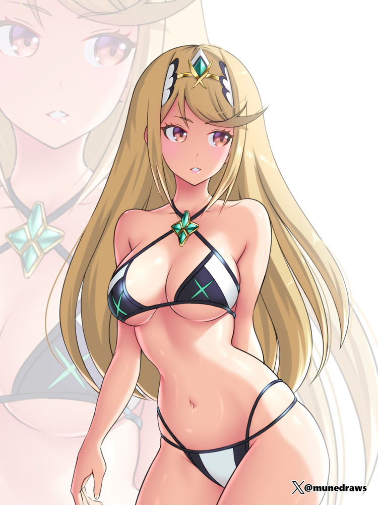 1Mädchen verführerisch große_Brüste Bikini blonde_Haare Dekolleté Kern_Kristall weiblich_nur Mune Mythra Nintendo Pin_up Unterbrust Xenoblade_(Serie) xenoblade_chronicles_2