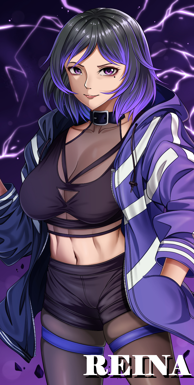 1girl 1girl abs verführerisch athletisch_weiblich große_brüste schwarz_und_lila_haare ausschnitt weiblich_abs weiblich_nur fit_female jacke namco reina_(tekken) shorts sport_bra tekken tekken_8 yui_toshiki