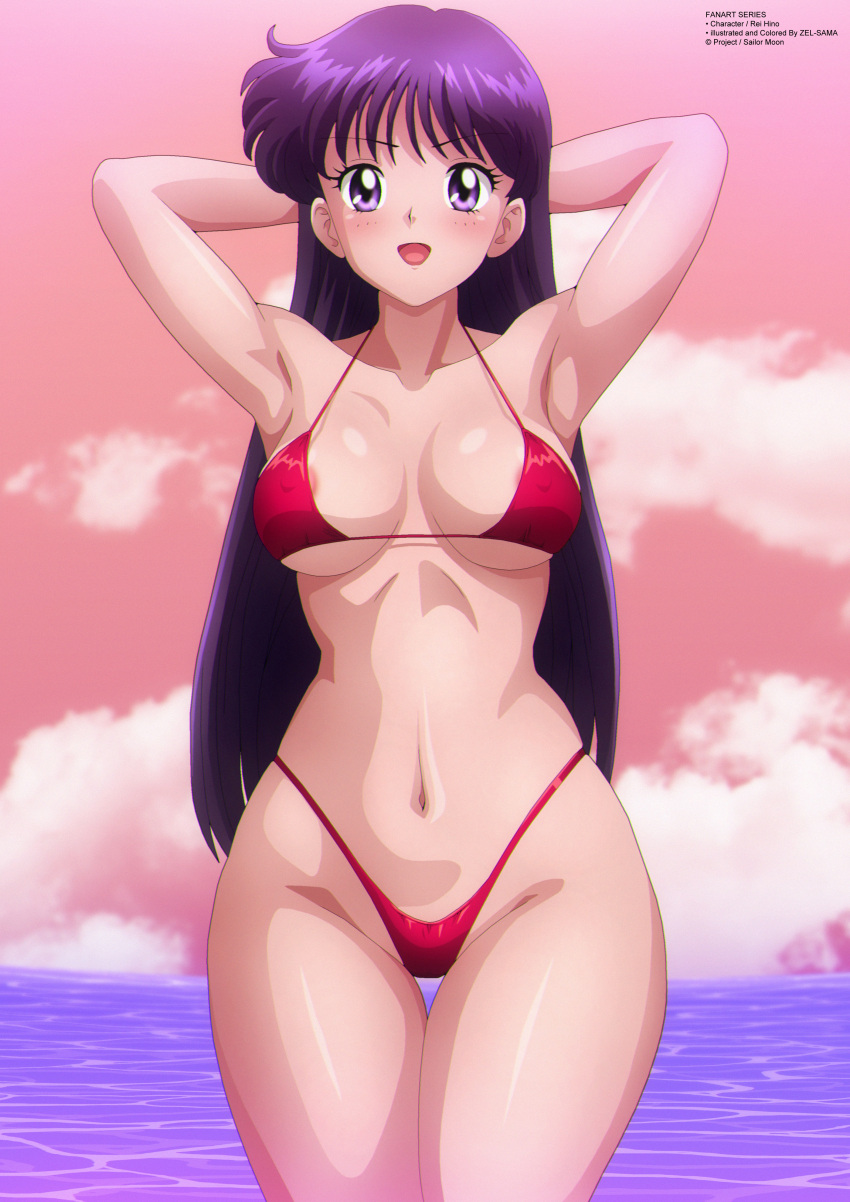 1girl absurd_res verführerischer Künstlername bare_legs Strand große_Brüste Bikini bishoujo_senshi_sailor_moon black_hair Dekolleté hochauflösende Brustwarzen Ozean Pin_up purple_hair rei_hino Sonnenuntergang Badeanzug toei_animation under_boob zel-sama