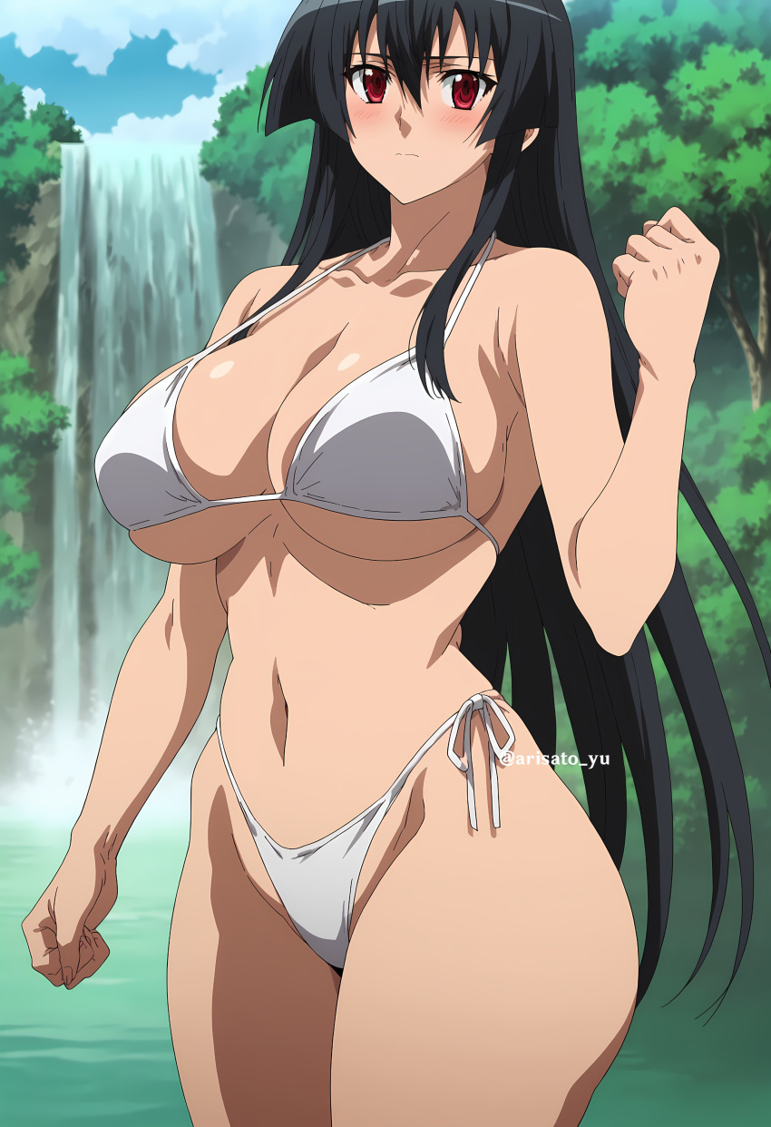 1girl precision_art_style akame_(akame_ga_kill!) akame_ga_kill! verführerisch arisato_yu nackte_beine große_brüste bikini schwarze_haare spaltung dschungel see pin_up rote_augen unterbrust wasserfall weißer_bikini