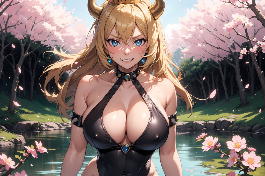 1girl 1girl ai_art ai_generated blonde_hair blue_eyes Bowsette Brüste Ketten Krone tagsüber Deviantart Ohrringe Female_focus Female_only Hörner riesige_Brüste Latex_Badeanzug Blick_auf_den_Betrachter Sideboob Lächeln Solo_Female Stehender Badeanzug Zähne Gehen