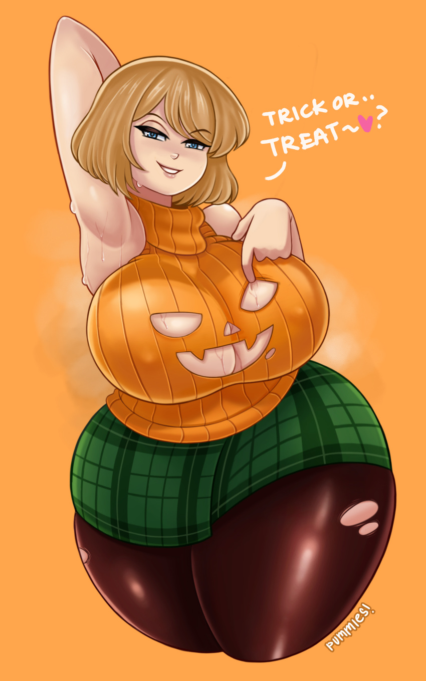 1girl 1girls arm_behind_head Achseln ashley_graham große_Brüste blonde_Haare blaue_Augen Capcom-Dialog englischer_Text weiblich_nur Grinsen Halloween-Herz hohe_Auflösung riesige_Brüste riesige_Oberschenkel Blick auf den_Betrachter verengte_Augen orange_Hintergrund Strumpfhosen Pummies resident_evil resident_evil_4 Rock ärmelloser_Pullover lächelnder_betrachter Pullover im Gespräch mit dem Betrachter Text dicke_Oberschenkel breite Hüften