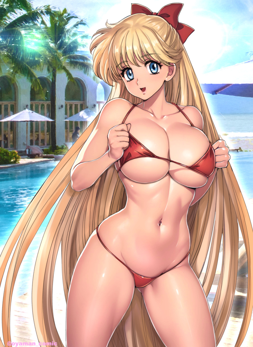 1girl aino_minako verführerisch bare_arms bare_shoulders big_breasts bikini bishoujo_senshi_sailor_moon blonde_hair blue_eyes bowbreasts_squeezed_together keybone commentary_request contrapposto cowboy_shot day hair_bow neckholder high_res long_hair looking_at_viewer bauchnabel außerhalb oyaman palm_tree parasol geteilte_lippen photo_background pool red_bikini red_bow smile stehend Bauch string_bikini Swimming_pool Badeanzug Baum twitter_username Regenschirm under_boob very_long_hair Wasser