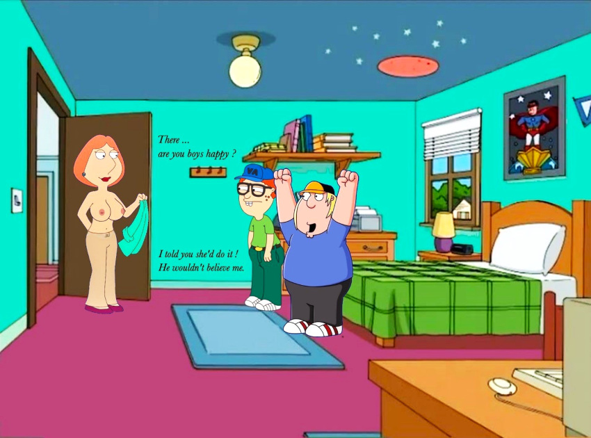 big_breasts chris_griffin edit erect_nipples Family_guy lois_griffin no_bra pants thighs topless