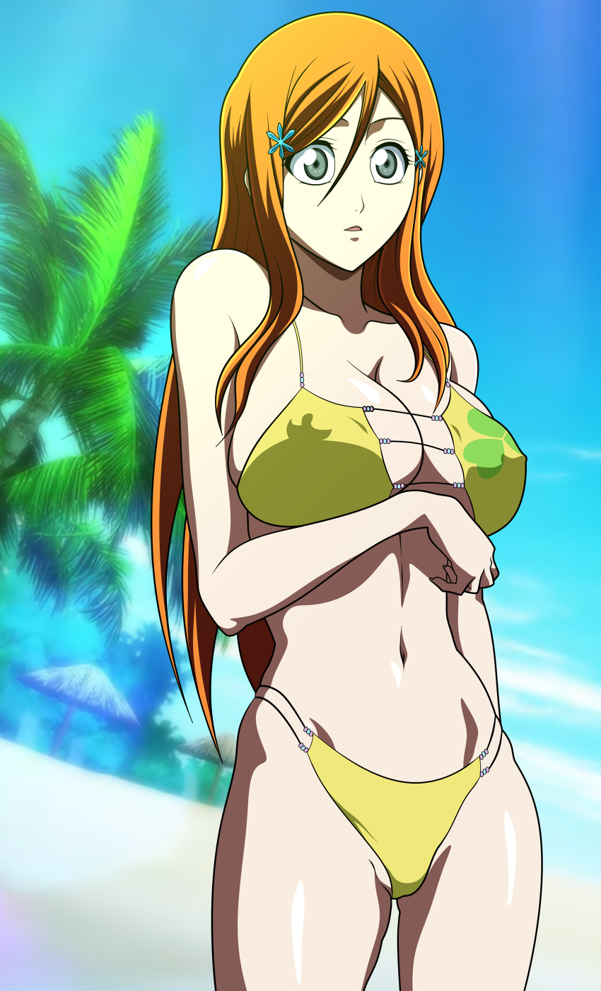 1girl verführerisch anime_style kastanienbraunes_haar strand strand_hintergrund große_brüste bikini bikini_bottom bikini_top bleichen brüste spaltung farbe gefärbt doujin doujin_cover grey_eyes inoue_orihime dessous nippel nippel_sichtbar_durch_kleidung oldhorrorz orange_haar höschen