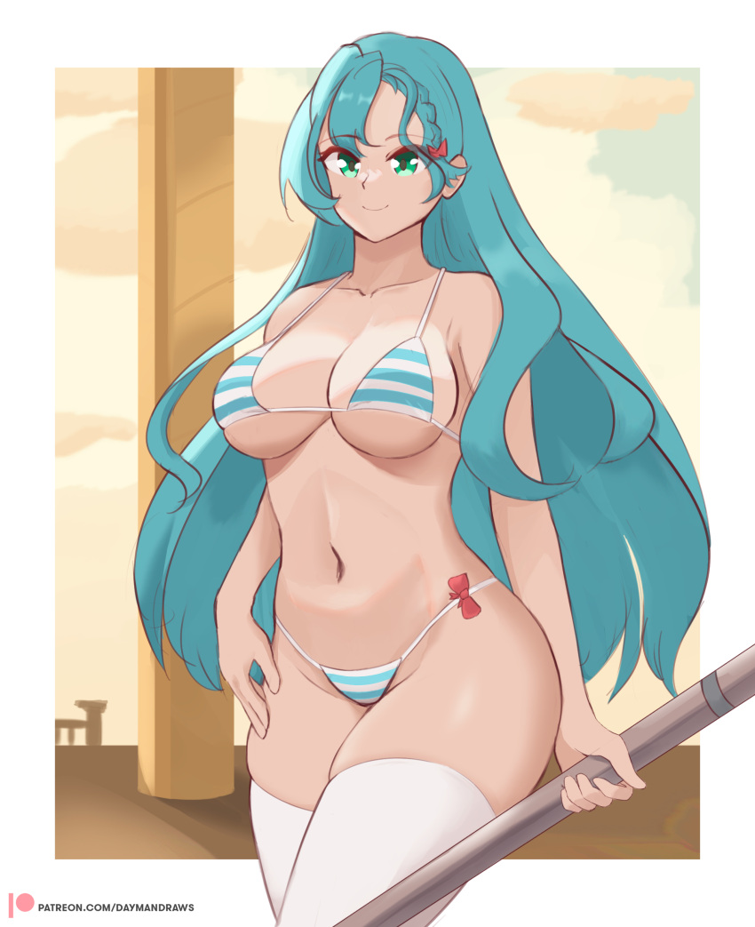 1girl 1girl 1girl absurd_res verführerisches alternatives_kostüm aqua_hair nackte_arme nackte_schultern große_brüste große_brüste bikini blue_bikini blue_hair blue_swimsuit Schleife chloe_(fire_emblem) Dekolleté cowboy_shot dayman daymandraws female_only fire_emblem fire_emblem_engage green_eyes Leistengegend hair_bow high_res Beine haltend männlich hellhäutig langes Haar Blick auf den Betrachter Bauchnabel Nintendo draußen rote Schleife Lächeln Stehen Strümpfe Bauch gestreift gestreifter Bikini Badeanzug Oberschenkel very_long_hair üppige Waffe white_thighhighs