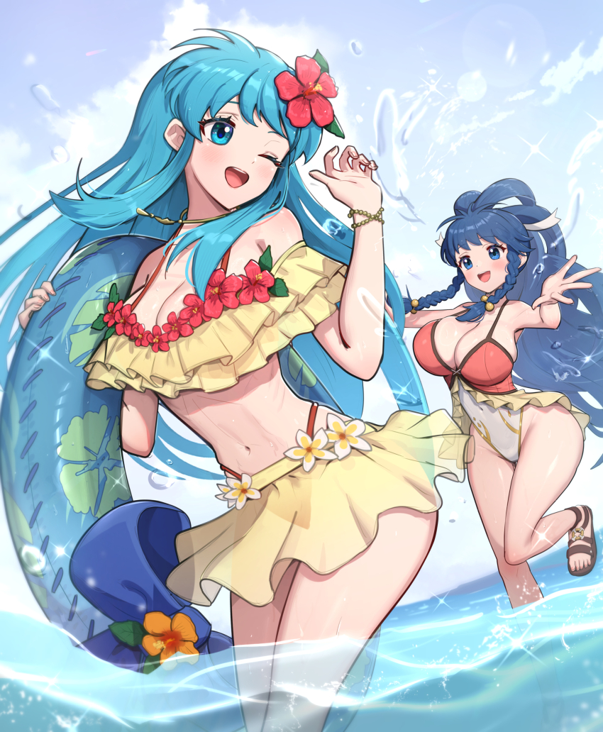 2_Mädchen absurd_res verführerisch große_Brüste Bikini blaue_Augen blaue_Haare erröten Armband Zopf lässig_einteiliger_Badeanzug Dekolleté Kommentar_Anfrage Tag eirika_(Feueremblem) eirika_(Sommer)_(Feueremblem) Füße Feueremblem Feueremblem:_die_heiligen_Steine ​​Feueremblem_Helden Blume Gonzarez Haarblume Haarornament hochauflösend. hoch Bein highleg_bikini highleg_one-piece_bikini Innertube Schmuck long_hair medium_breasts multiple_girls Nabel Nintendo Ocean Off-Shoulder_Bikini Off_Shoulder Offizieller_Alternatives_Kostüm Einteiliger_Bikini One_Eye_Closed_Open_Mouth Outside Pearl_Bracelet Red_Bikini Red_Flower Sandalen Durchsichtige_Kleidung Durchsichtiger_Rock Rock Lächeln Glitzern Spritzen Stehen Stehen_auf_einem_Bein Schwimmring Badeanzug Tana_(Feuer_Emblem) Tana_(Edel_und_Flink)_(Feuer_Emblem) Zähne zu es Zunge zwillinge_Zöpfe obere_Zähne_nur sehr_langes_Haar watend wasserweiß_einteiliger_bikini gelb_bikini gelb_rock