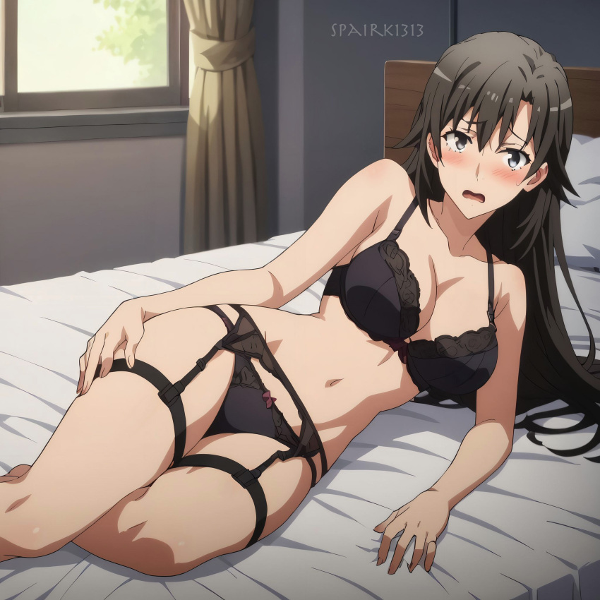 1girl 1girl verführerisches Schlafzimmer große Brüste schwarze Haare BH-Dekolleté graue Augen Dessous Höschen shizuka_hiratsuka spairk1313 Lehrerunterwäsche yahari_ore_no_seishun_lovecome_wa_machigatteiru.