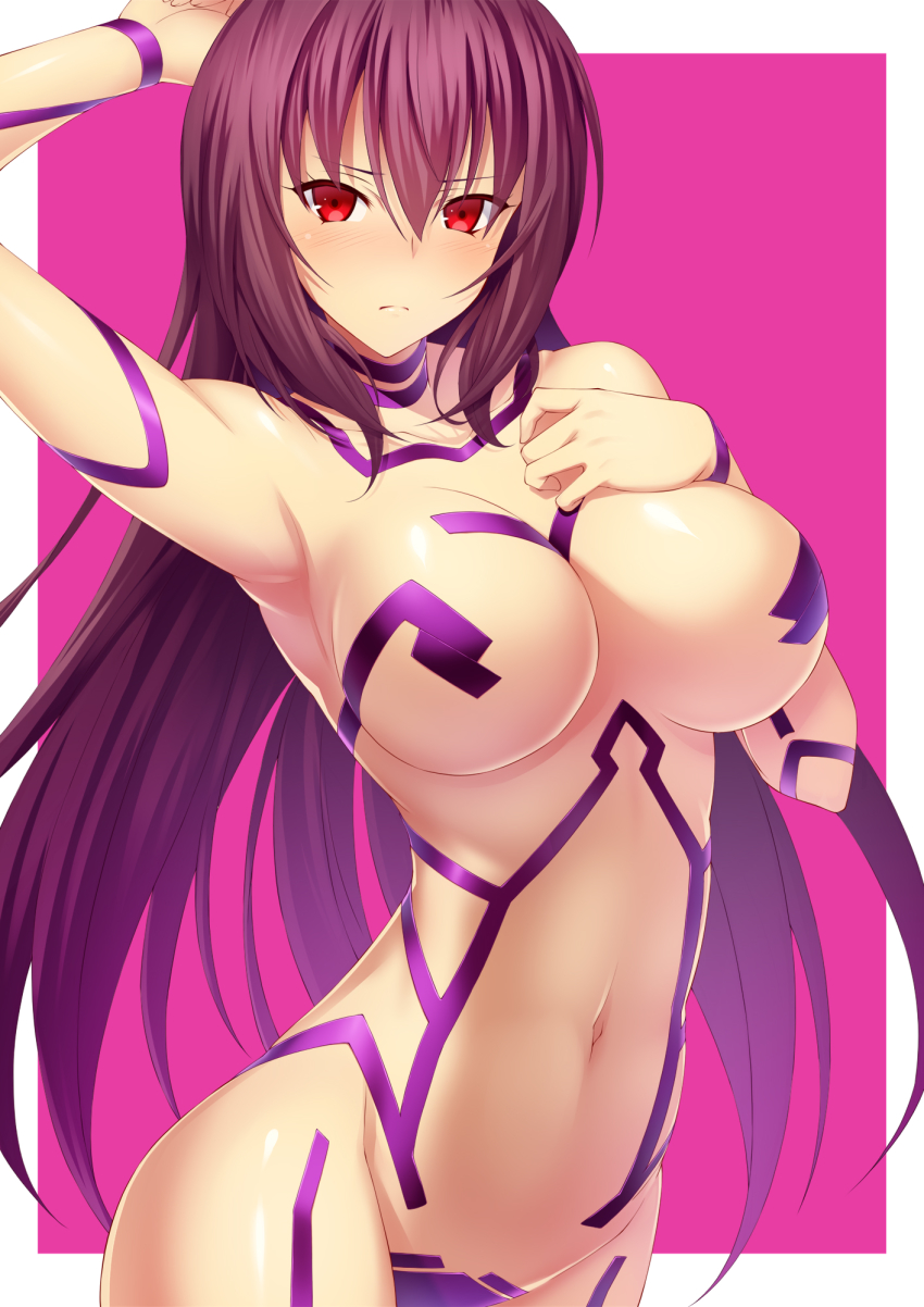 1girl arm_up Achselhöhlen big_breasts black_tape_project erröten Brüste Dekolleté geschlossener_Mund Schlüsselbein commentary_request emanon123 peinlich berührt eyes_visible_through_hair fate/grand_order fate_(series) Female_focus Stirnrunzeln_hair_between_eyes hand_on_own_chest hand_up high_res long_hair looking_at_viewer naked_tape Nabel nackt Outside_border purple_background purple_hair red_eyes scathach_(fate) schüchtern simple_background Standing Tape Tattoo Typ-Mond very_long_hair