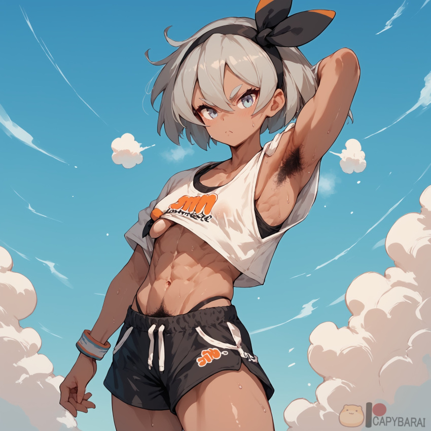 1girl 1girl abs ai_generated armpit_hair Achselhöhlen arms_up Pony bare_arms bea_(pokemon) Bizeps black_hair_ornament black_hairband black_shorts blush bow_hairband Brüste Capybarai geschlossener_Mund Kleidung Cowboy_shot Crop_top Dark-skinned_female Dark_skin Dolphin_shorts Female_only grey_eyes grey_hair hair_between_eyes Haarband Kopfbedeckung drinnen Blick auf den Betrachter, Bauchmuskel, muskulös, weiblich, Bauchnabel, schräge Bauchmuskeln, Pokemon, Pokemon_(Spiel), Pokemon_SS, Schamhaar, Hemd, kurze_Haare, Shorts, kleine_Brüste, Sport-BH, stehend, dampfend, Bauch, Schweiß, dicke_Augenbrauen, Oberschenkel, Wildfang, Unterbrust, Unterwäsche, V-förmige_Augenbrauen, nass, weiße_Haare