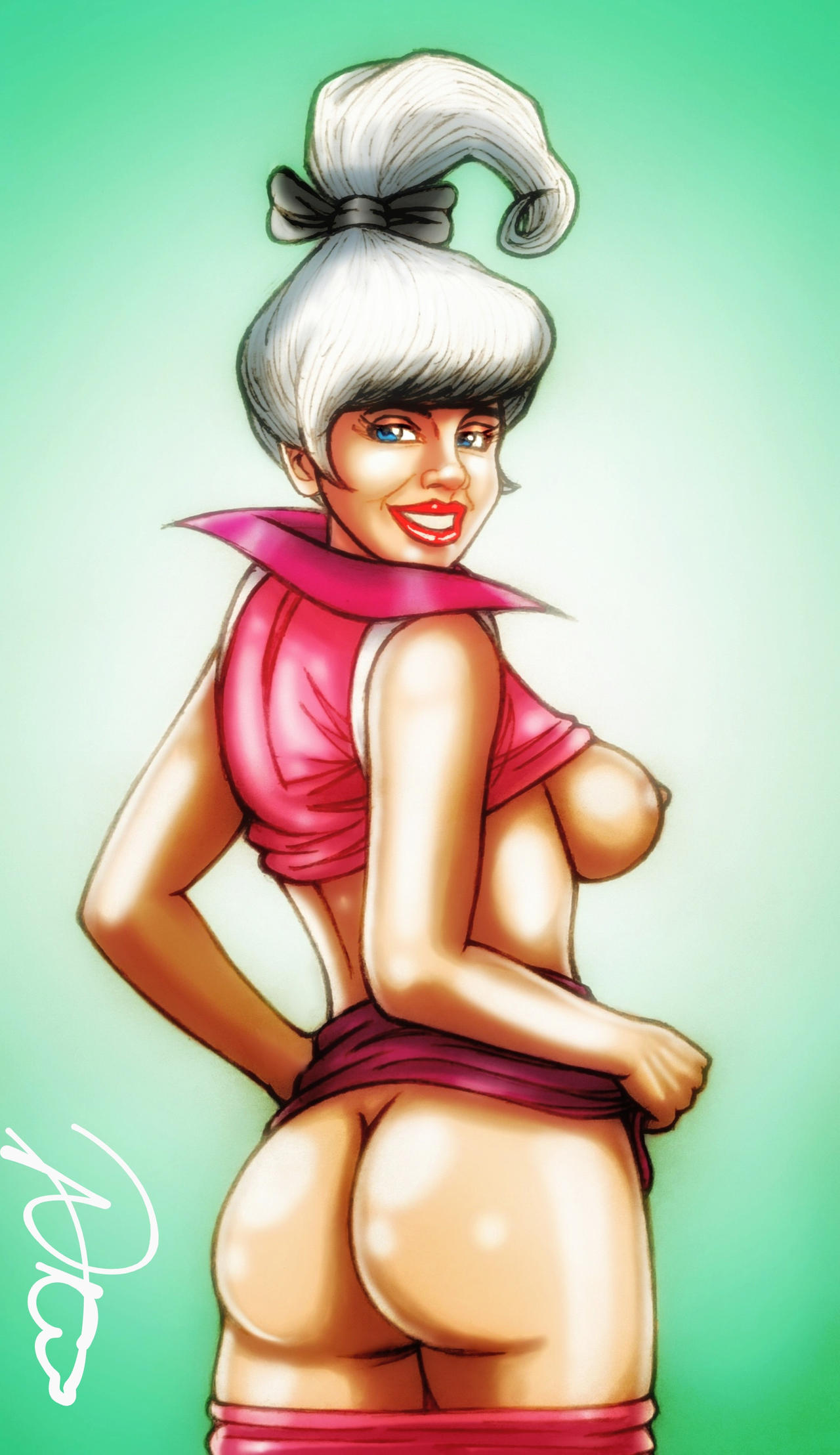 artist_signature ass blue_eyes breasts bronxboy79 hair_bow judy_jetson looking_at_viewer looking_back pants_pulled_down shirt_up the_jetsons white_hair